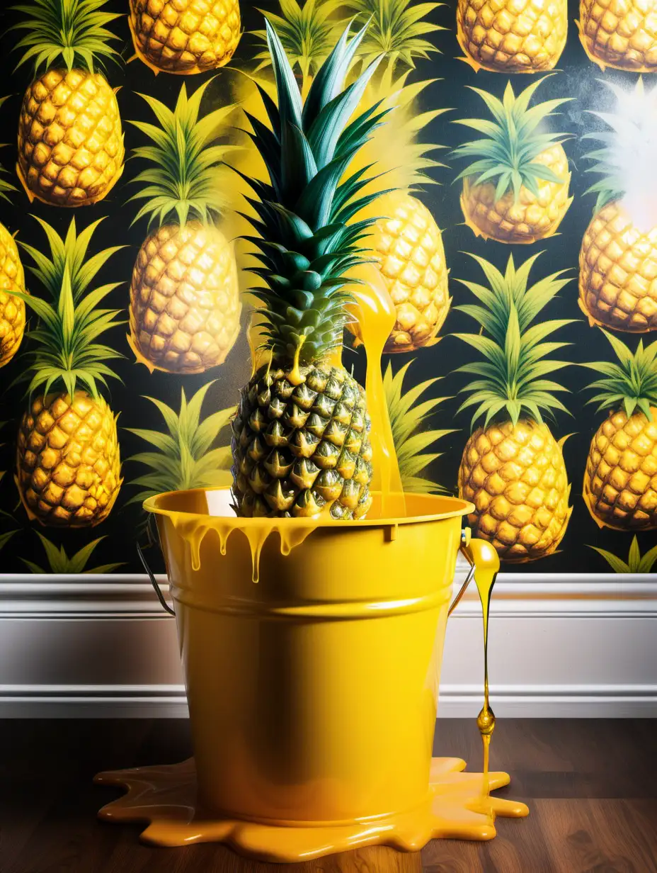Vibrant Yellow Pineapple Dripping Oil into Bucket Amidst Cannabis Plants and Victorian Wallpaper
