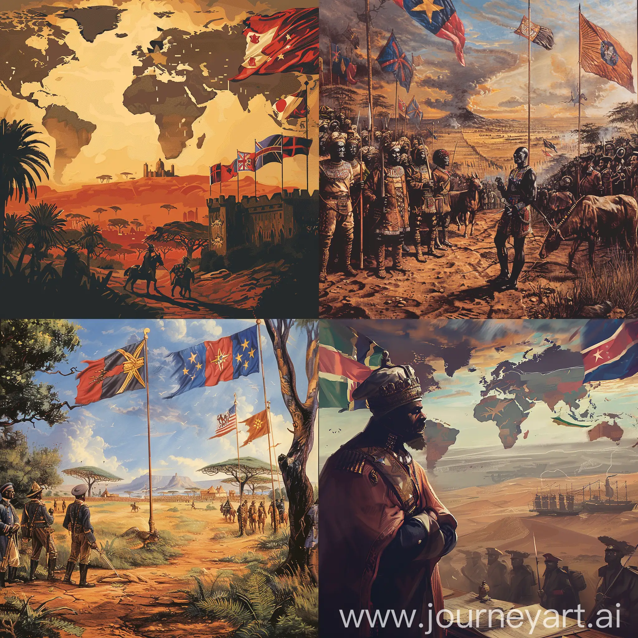 背景为19世纪的非洲大地，远处是欧洲列强的旗帜在飘扬