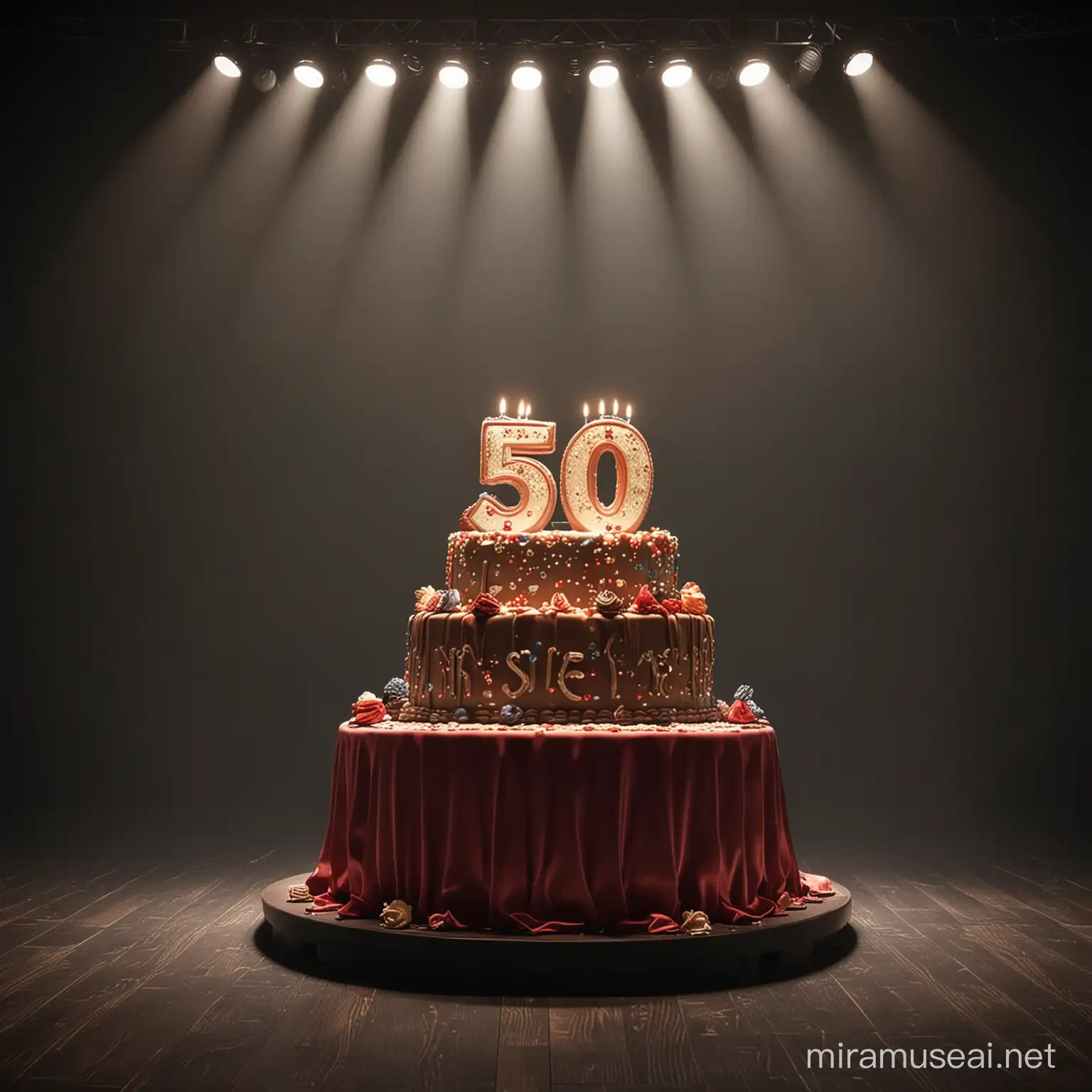 There is a birthday cake on a table on an empty and luxurious theater stage. The number 50 written large on the cake attracts attention. Spotlights illuminate the table on dark stage