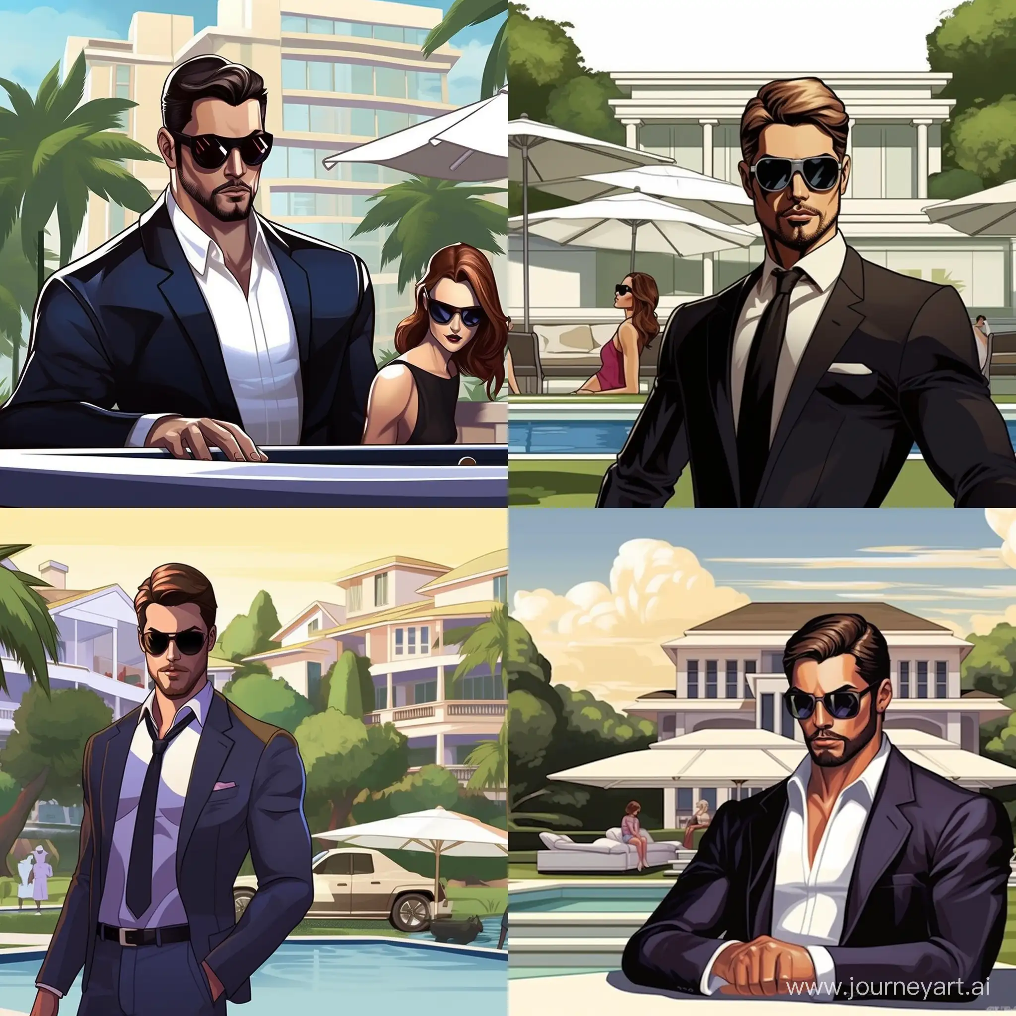 set the scene as bright sunny day with an affluent man as the main character, hes got blue eyes, good amount of muscle, pool in the background with young girls trying to date him in the background