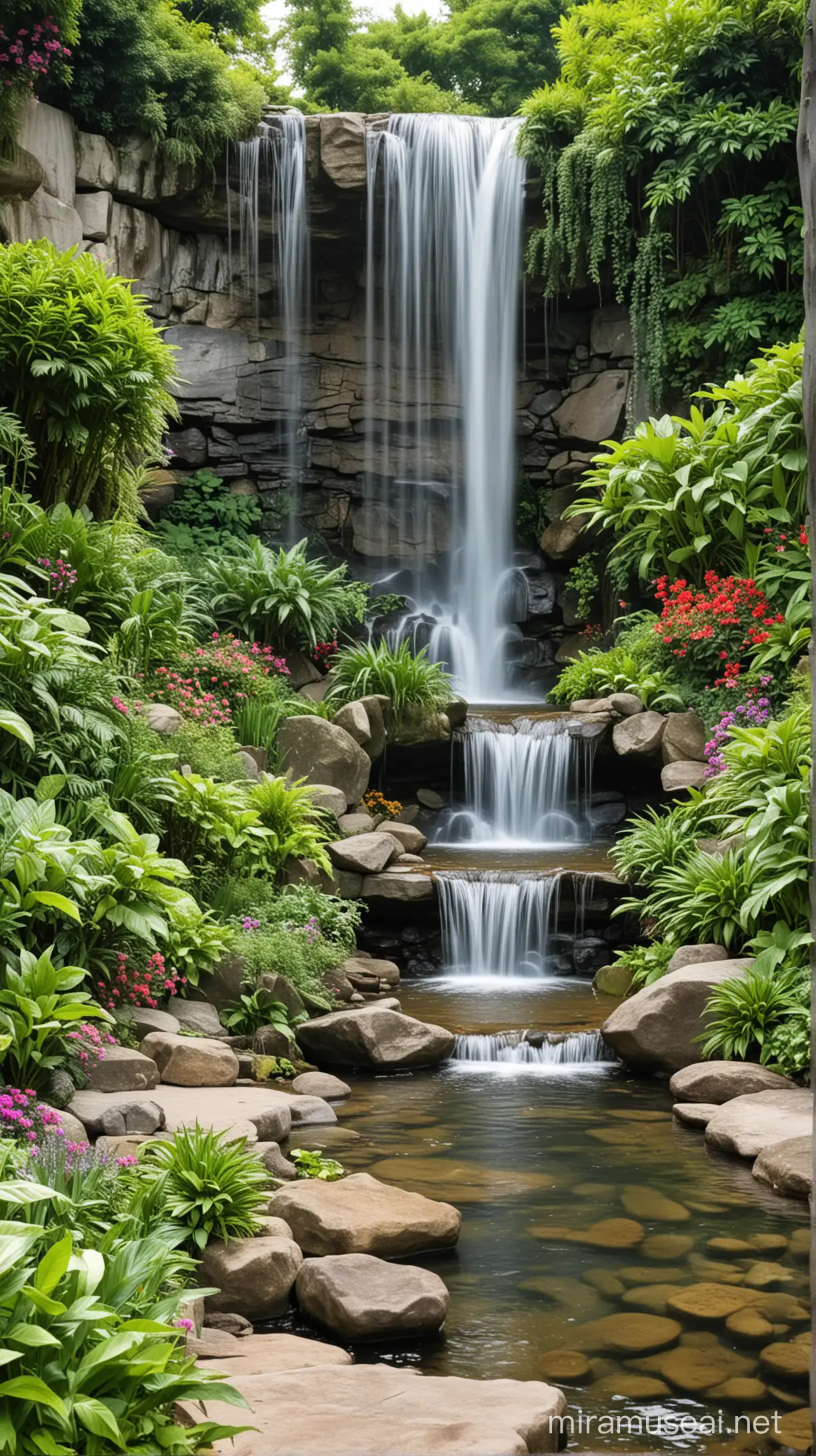 Beautiful luscious garden with huge waterfall 