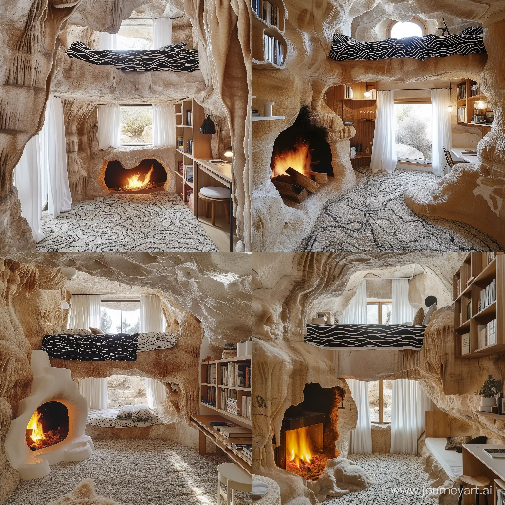 The cave room in the original wood colored rock has a fireplace with a fire, a minimalism black&white cotton cloth printed with waves line, carpet, the bed above has a window, with a fairytale style, Kapinkor, bookshelves, desk, white curtains, outside stalagmites and stalactites, naturalistic materials, white and light brown