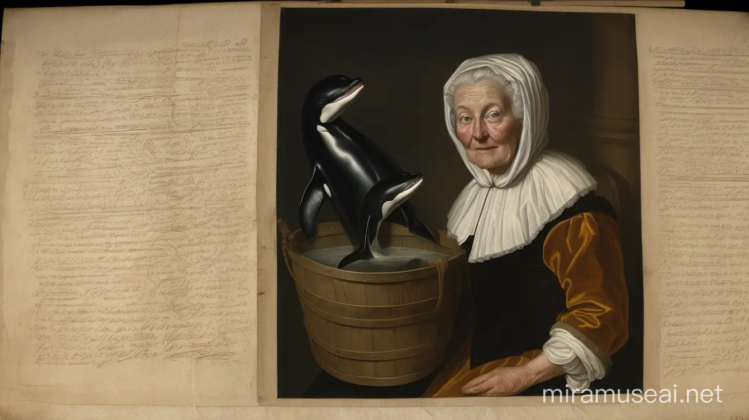 1700 portrait painting, Old irish woman, bucket of whale semen, killer whale