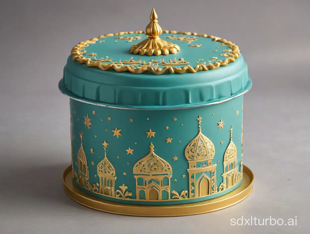 Make an illustration of an Eid cake container that is used up and will be recycled