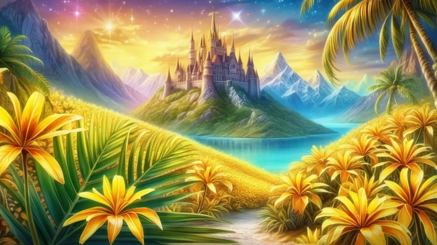 Bright palm leaves and Magical fairytale. Glowing bright-yelllow flowers surrounding Magical Fairytale mountains
