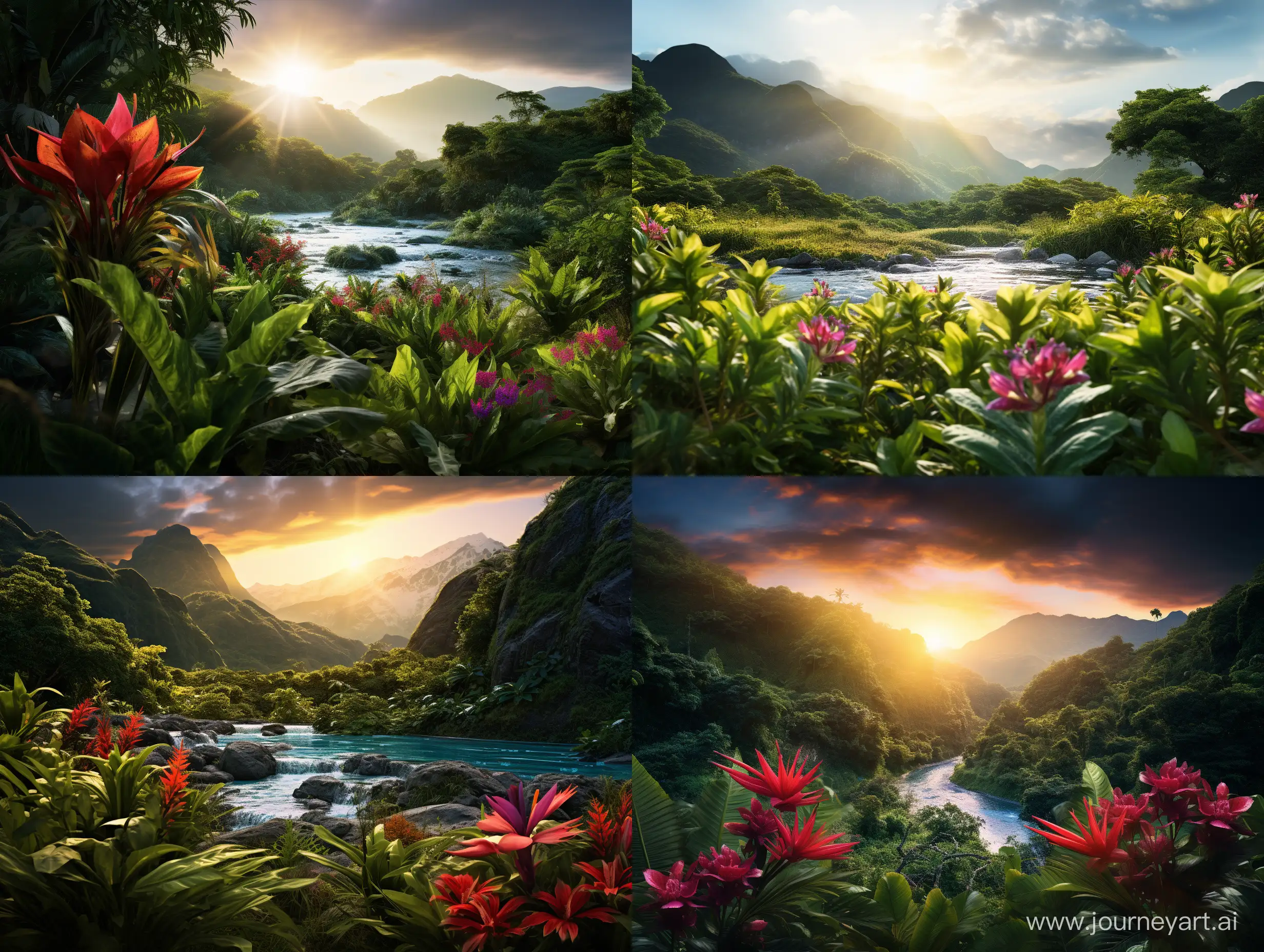 Ultra realistic photo, hi definition, Sun rising from behind green tropical mountains with bushes and wild flowers in a variety of hues and colors, the sun rays are bathing the mountain landscape and the rive that flows from the mountain. Ground level photography, Nikon Z9
