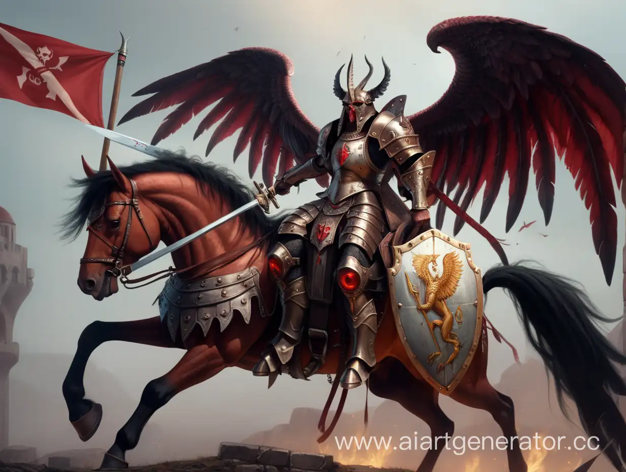 A demonic warrior with 2 wings on a horse holding a sword and a shield with a flag