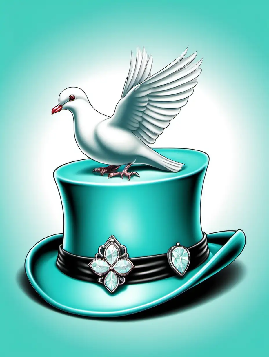 Cartoon realistic style digital airbrush illustration of an artists hat, tiffany blue with a white dove pendent placed against a white background