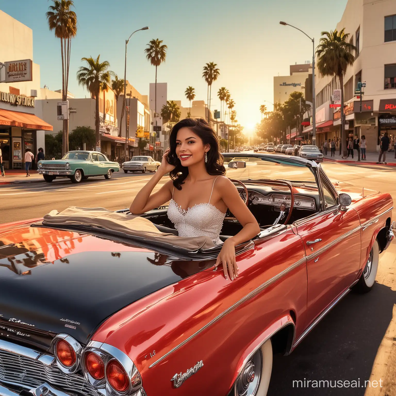 pretty latina woman driving down hollywood sunset blvd withh hollywood walk of fame in background in convertible 1964 impala  vintage comic book style... picture needs to be taken from a distance 