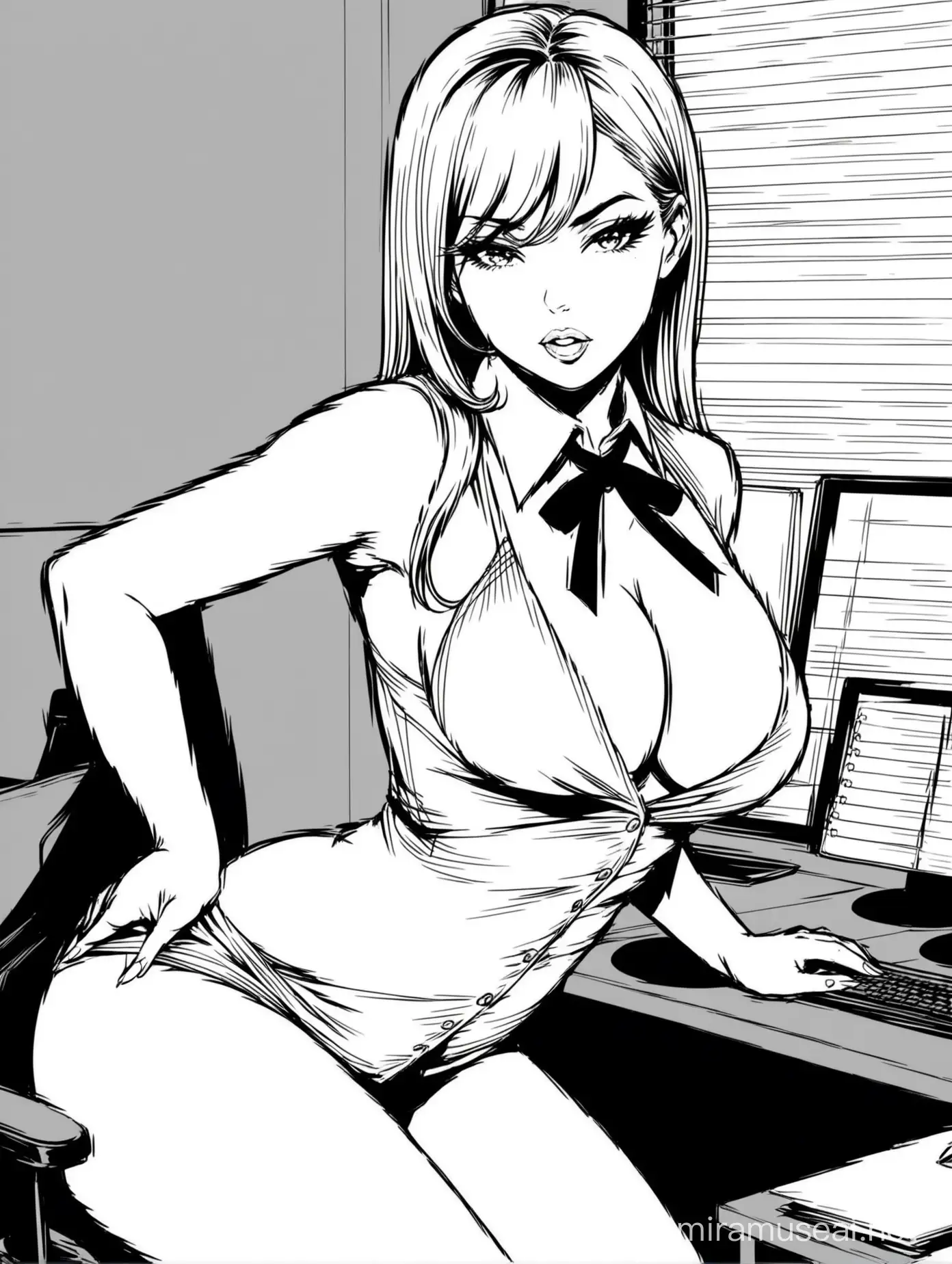 A black and white coloring page of a Seductive Secretary, sexy office girl wearing a revealing outfit in a sexy pose
