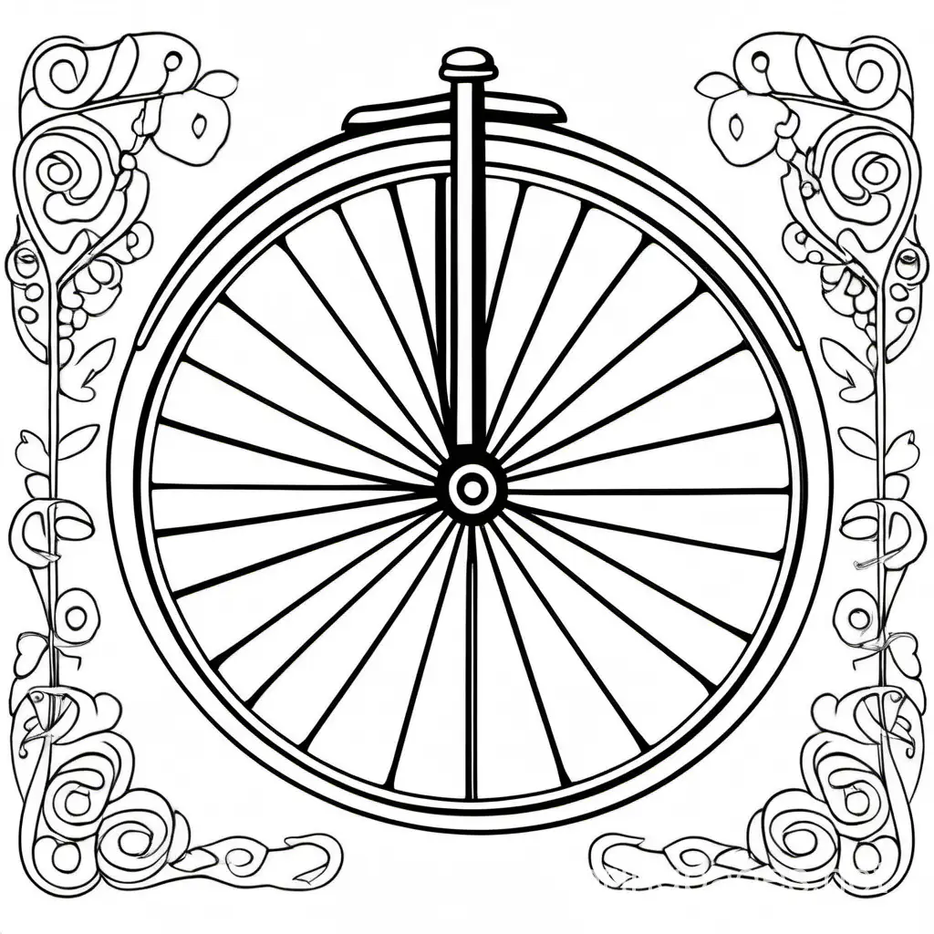 Penny farthing, Coloring Page, black and white, line art, white background, Simplicity, Ample White Space. The background of the coloring page is plain white to make it easy for young children to color within the lines. The outlines of all the subjects are easy to distinguish, making it simple for kids to color without too much difficulty
