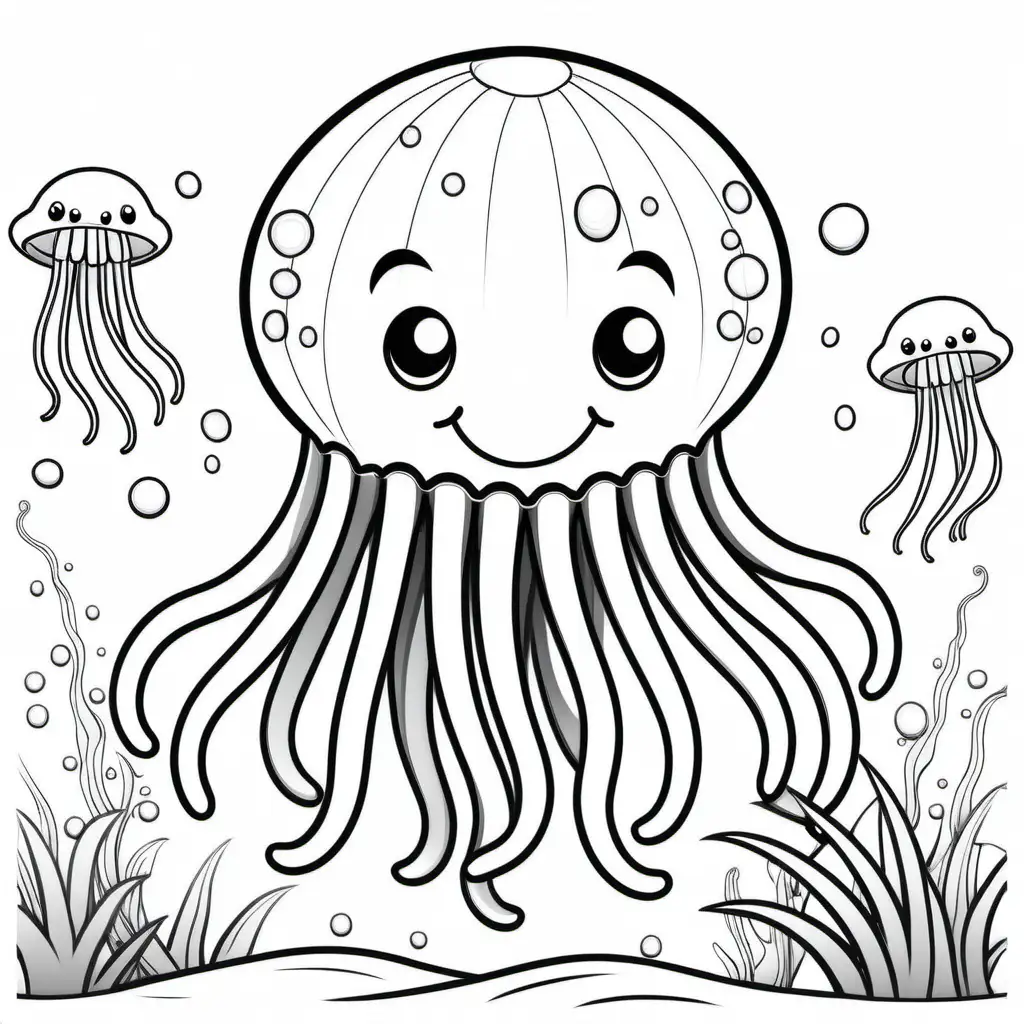Create a coloring book page for 1 to 4 year olds. A simple cartoon cute smiling friendly faced Jellyfish in his native enviroment. The image should have no shading or block colors and no background, make sure the animal fits in the picture fully and just clear lines for coloring. make all images with more cartoon faces and smiling