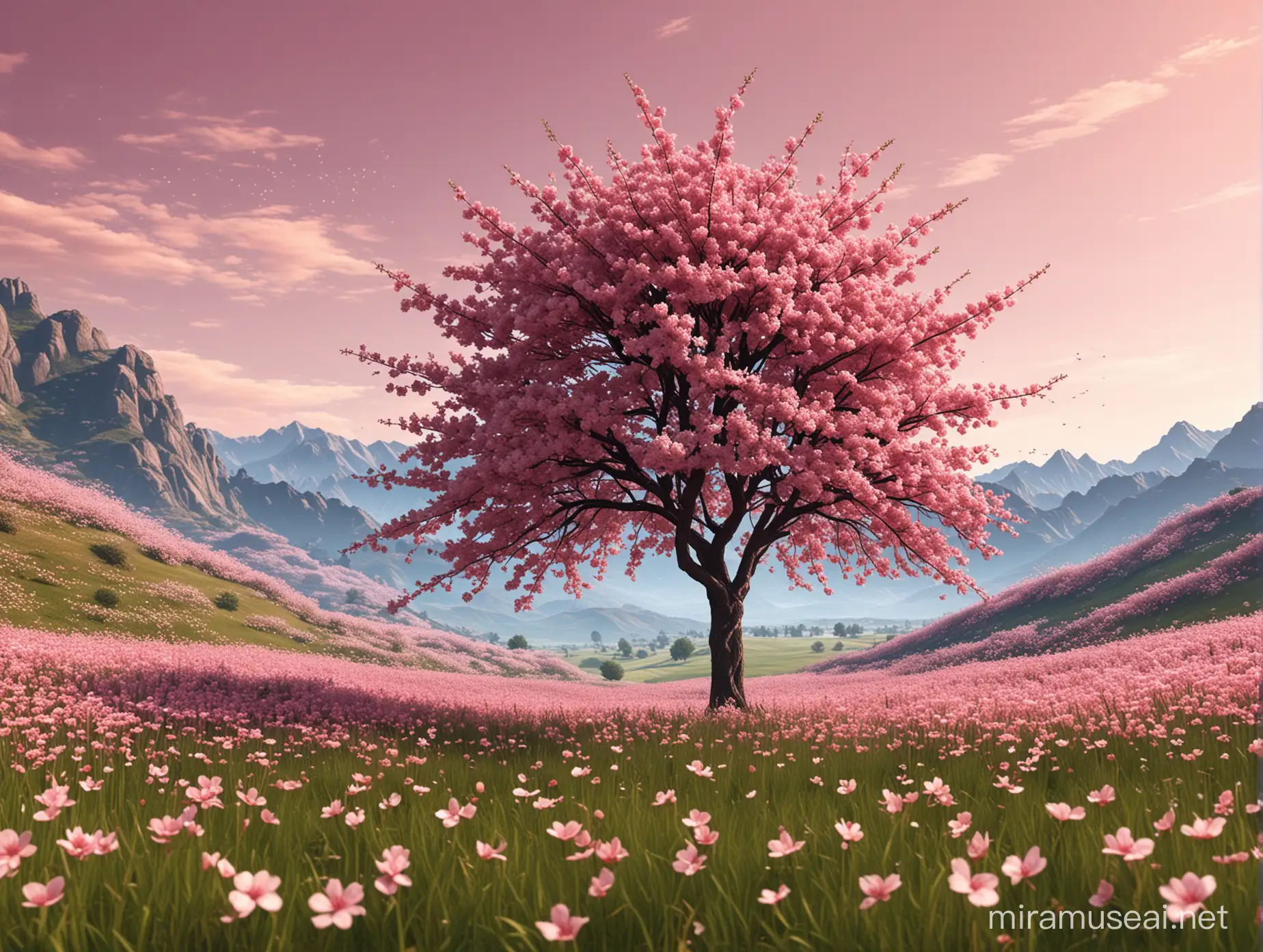 Tranquil Cherry Blossom Tree in Minimalist Flower Field Render