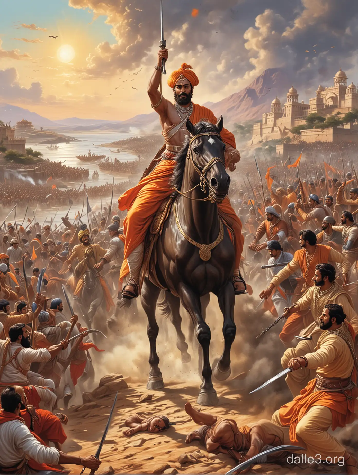 "Illustrate Shivaji Maharaj leading his troops in guerrilla warfare against the mighty Mughal Empire."