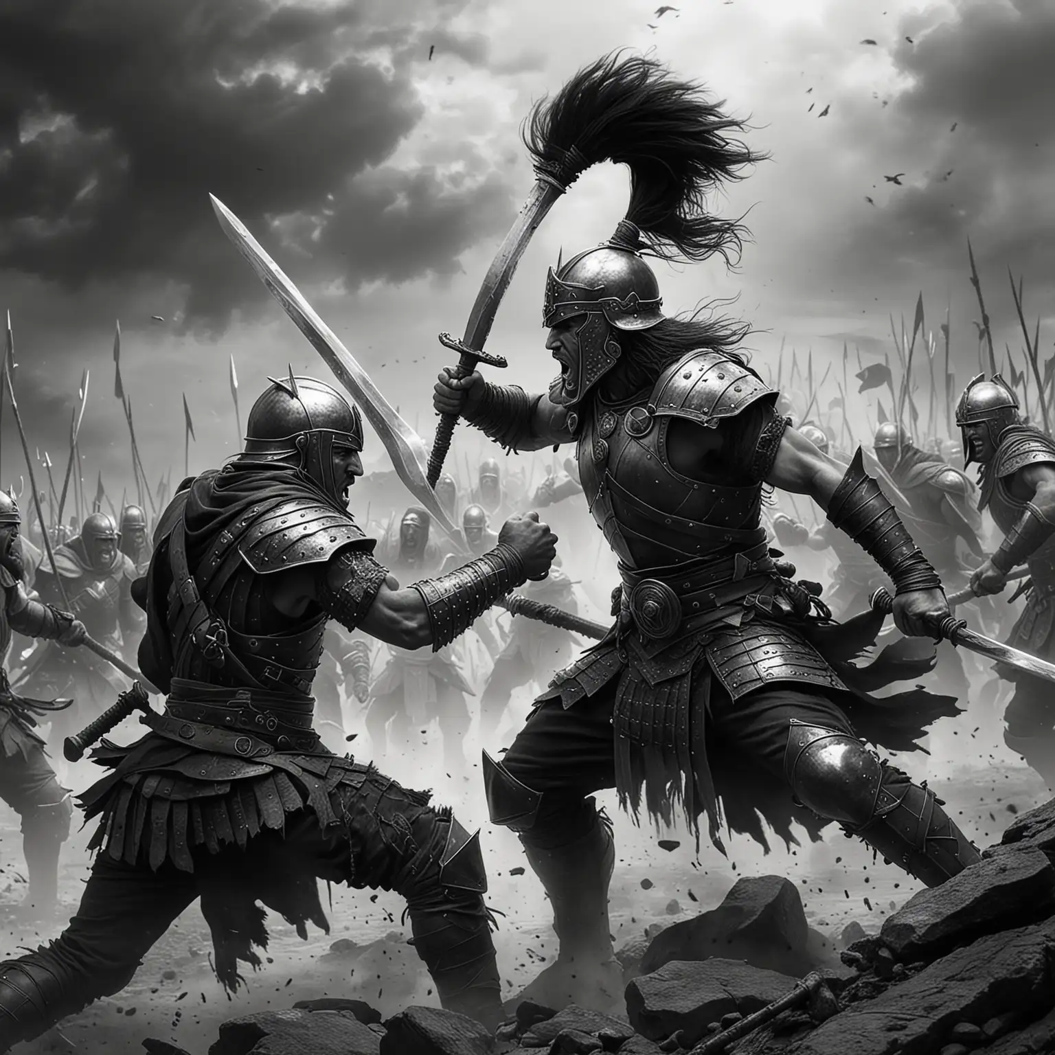 Epic Black and White Fantasy Art Warriors in Combat