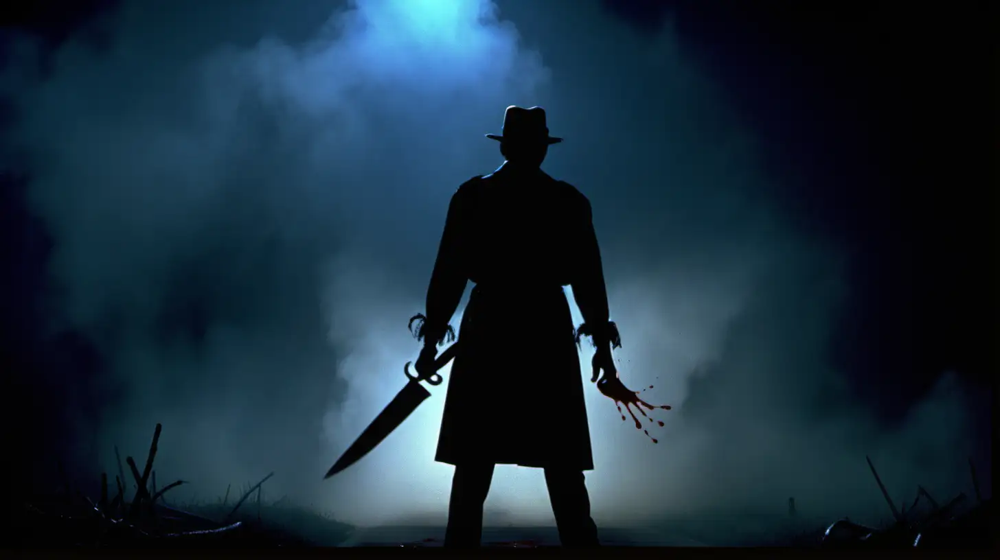 The silhouette of Freddie Kruger from nightmare on elm Street seen from behind holding a big bloogy knife in one hand, anthropomorphic, in a dimly lit scene with fog, monochrome blue black noir film, 80s crime scene, dark theme --s 200 --style raw --ar 16:9 --v 6.0
