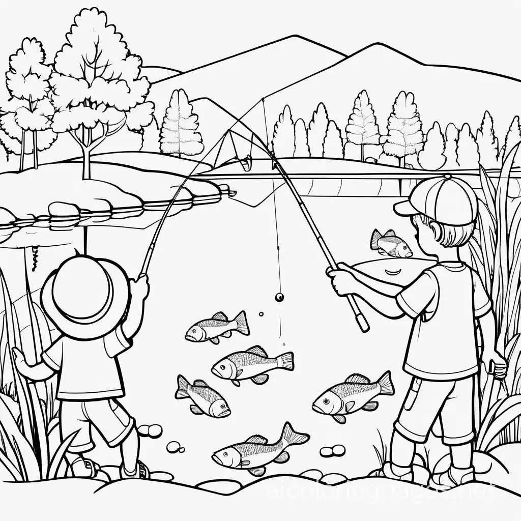 Children-Fishing-at-Pond-Coloring-Page-Simple-Line-Art-for-Easy-Coloring