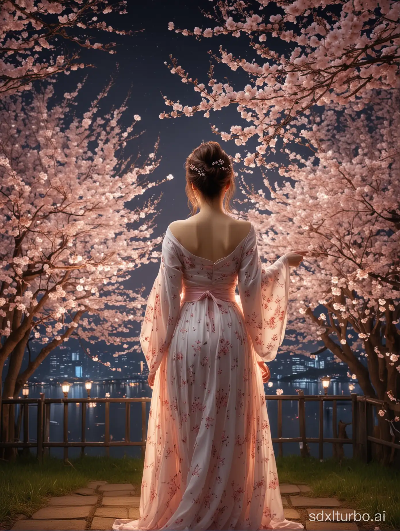Masterpiece, top quality, ultra delicate, real, night cherry blossoms 🌸, illumination, the back view of a woman looking up at cherry blossoms