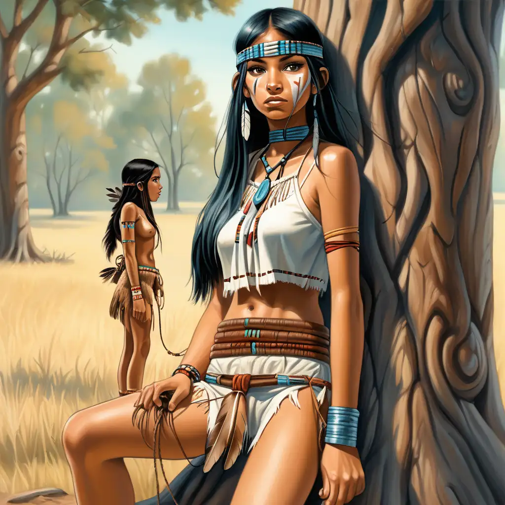 native american slim girl tied to a tree by a cute cowgirl