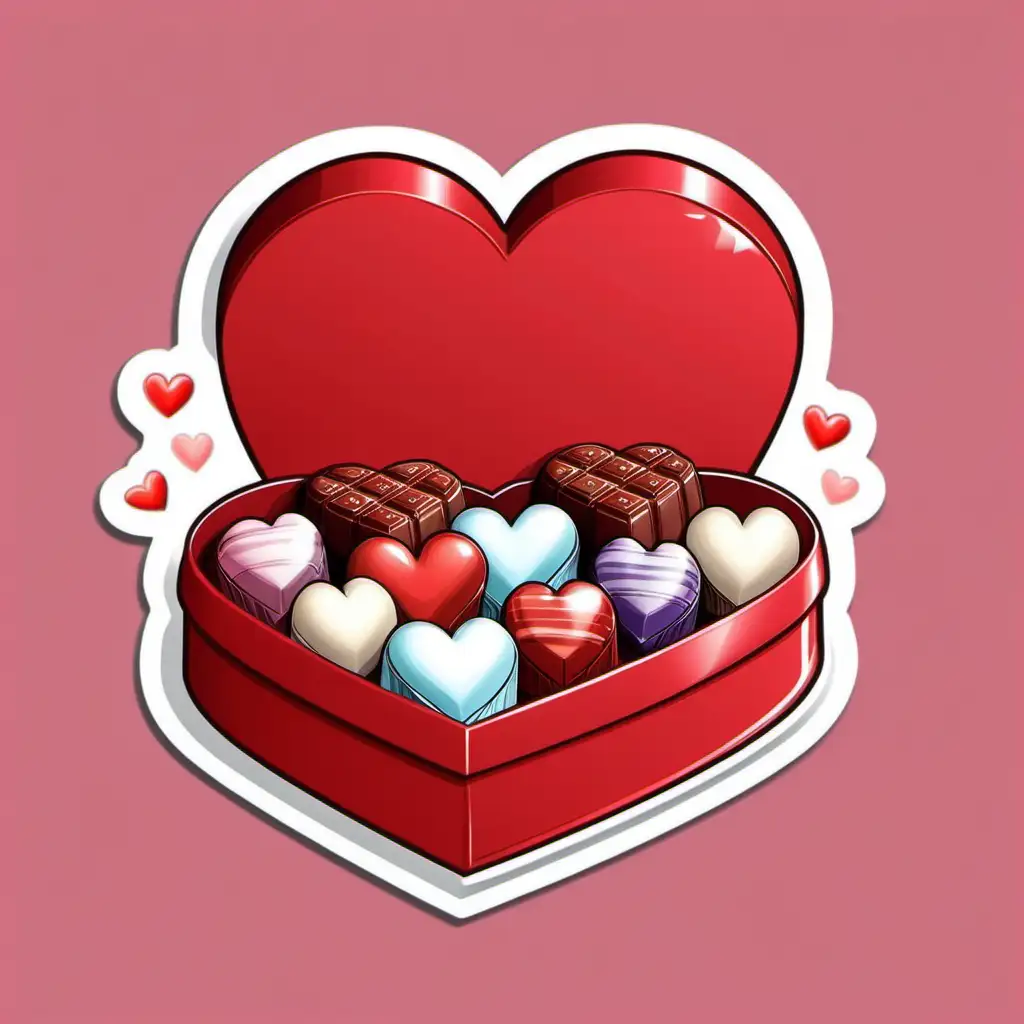 VALENTINE, RED  BOX   OF CHOCOLATE, CANDY,WHITE HEARTS ON BOX,CARTOON STICKER 