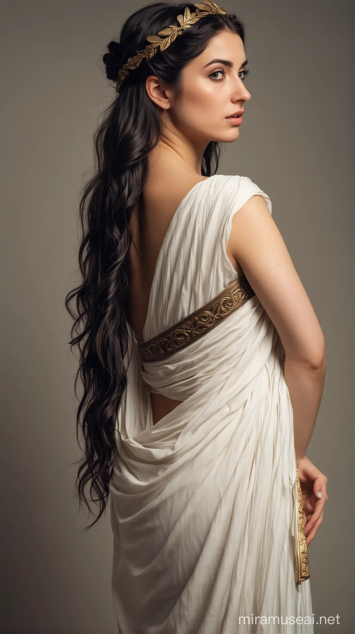 mujer cabello oscur semblante de despecho, vestimenta griega antigua