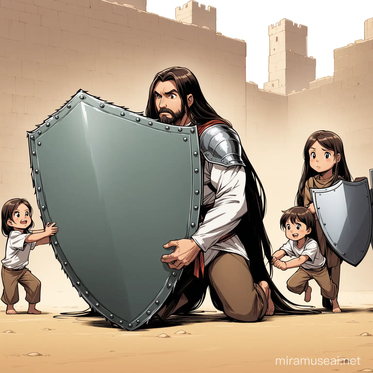 Cartoon Man with long hair kneeling down and protecting himself and children with a shield
