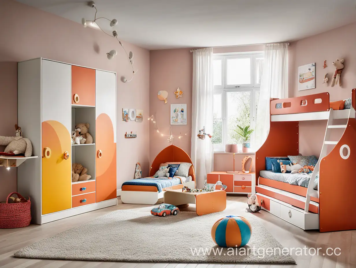Создай картинку комнаты детской с разной мебелью