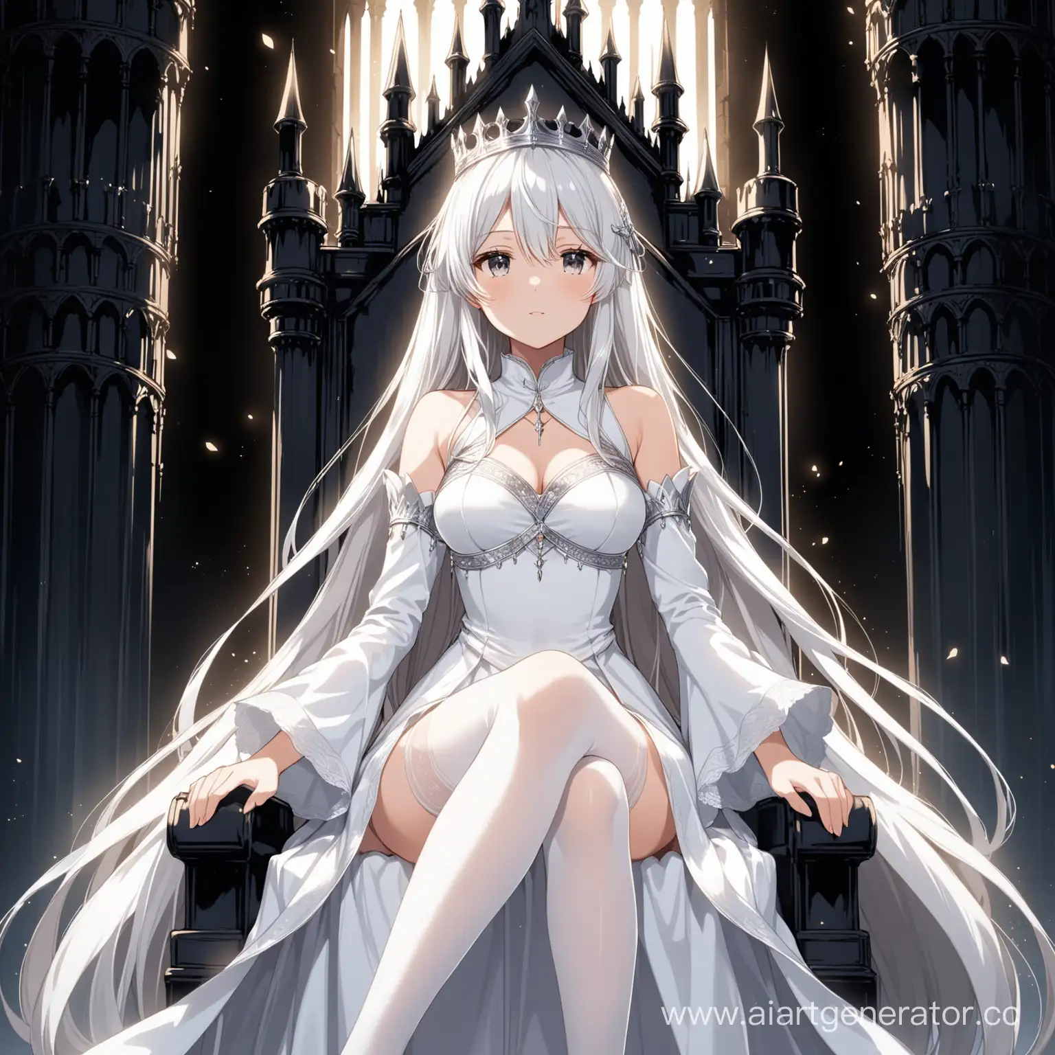 Аниме девушка в белом платье, в белых чулках, с длинными серебристыми волосами, сидящая на троне в замке, с чёрными стенами