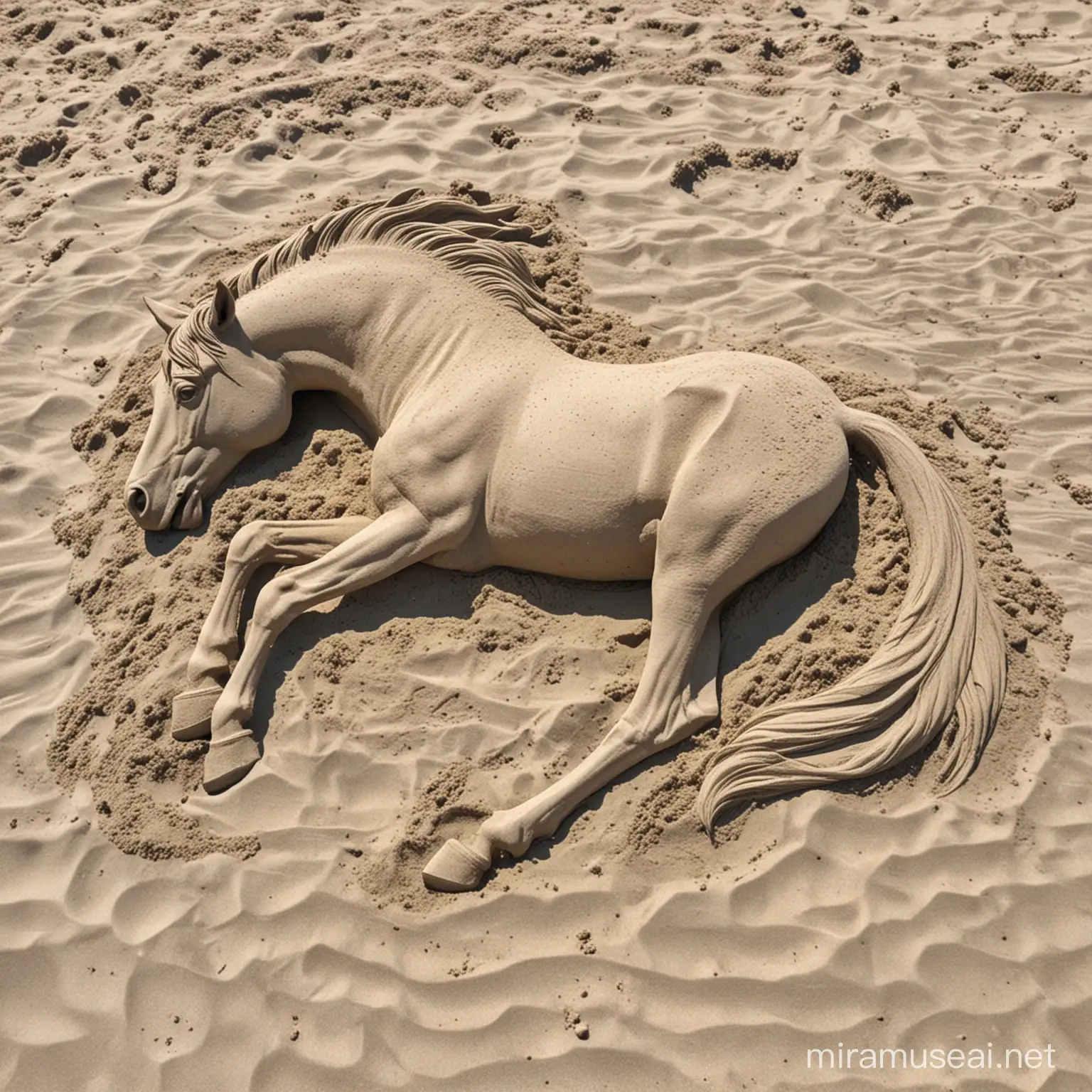 un hombre en la playa, esculpiendo un caballo acostado sin terminar en la arena. 