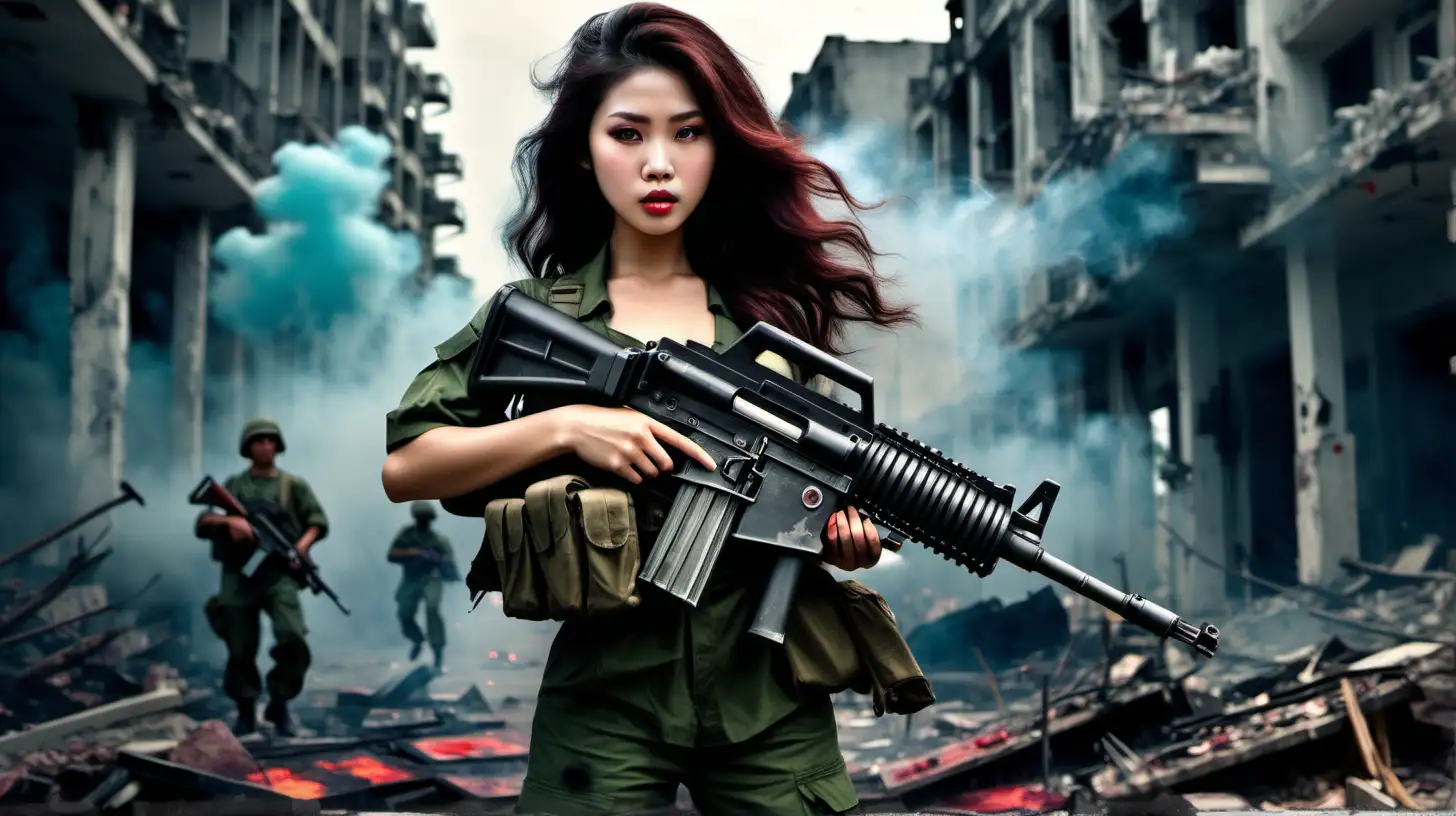 a Vietnam woman with plump figure , perfect face, flowing hair, with with a military soldiers on a battle. flawless face, isolated, high quality, bloodstained hands, holding a XM250 machine gun,  in a destroyed city. Smoke-filled air, vibrant colors, emotional depth