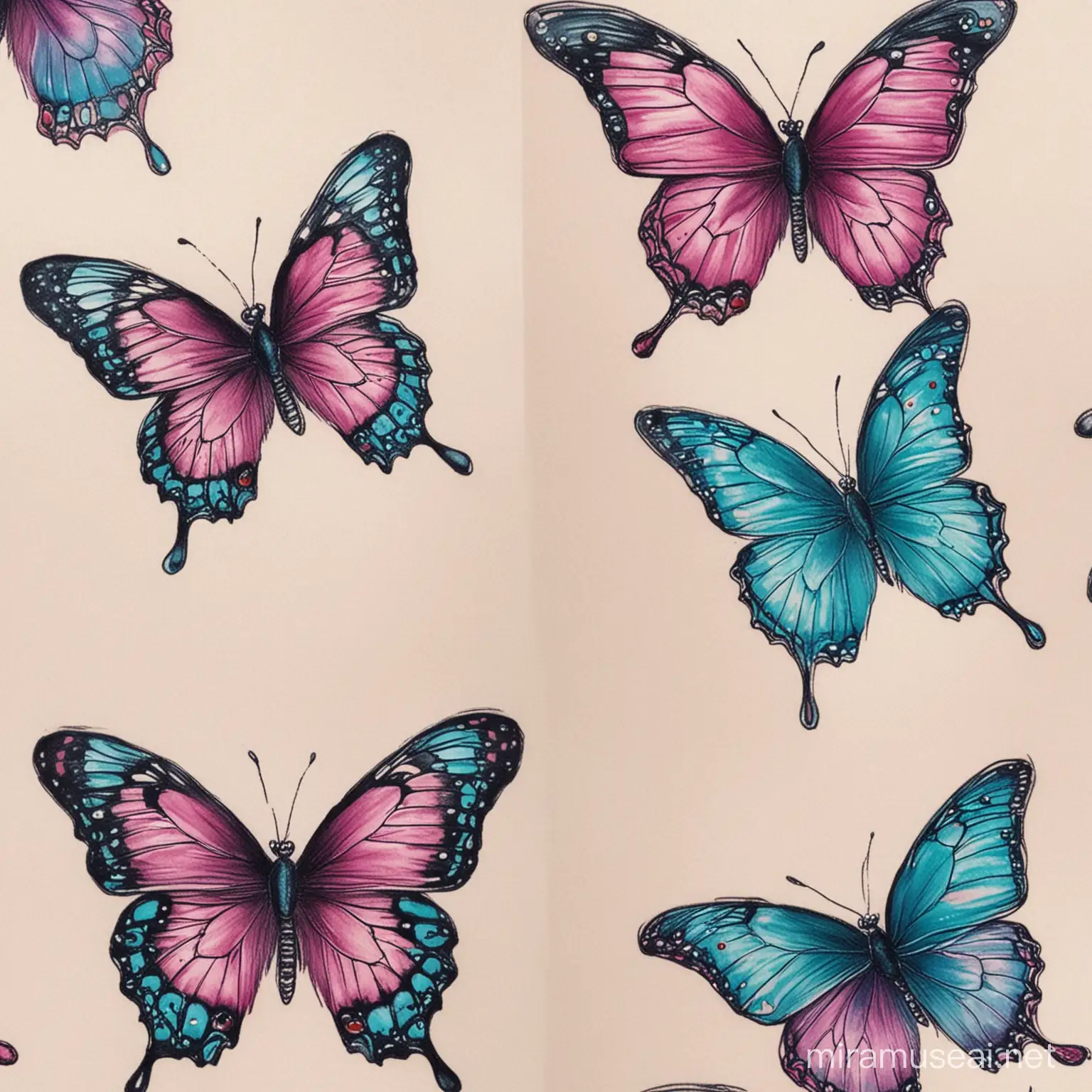 Vibrant Butterfly Tattoos in Aquamarine and Magenta