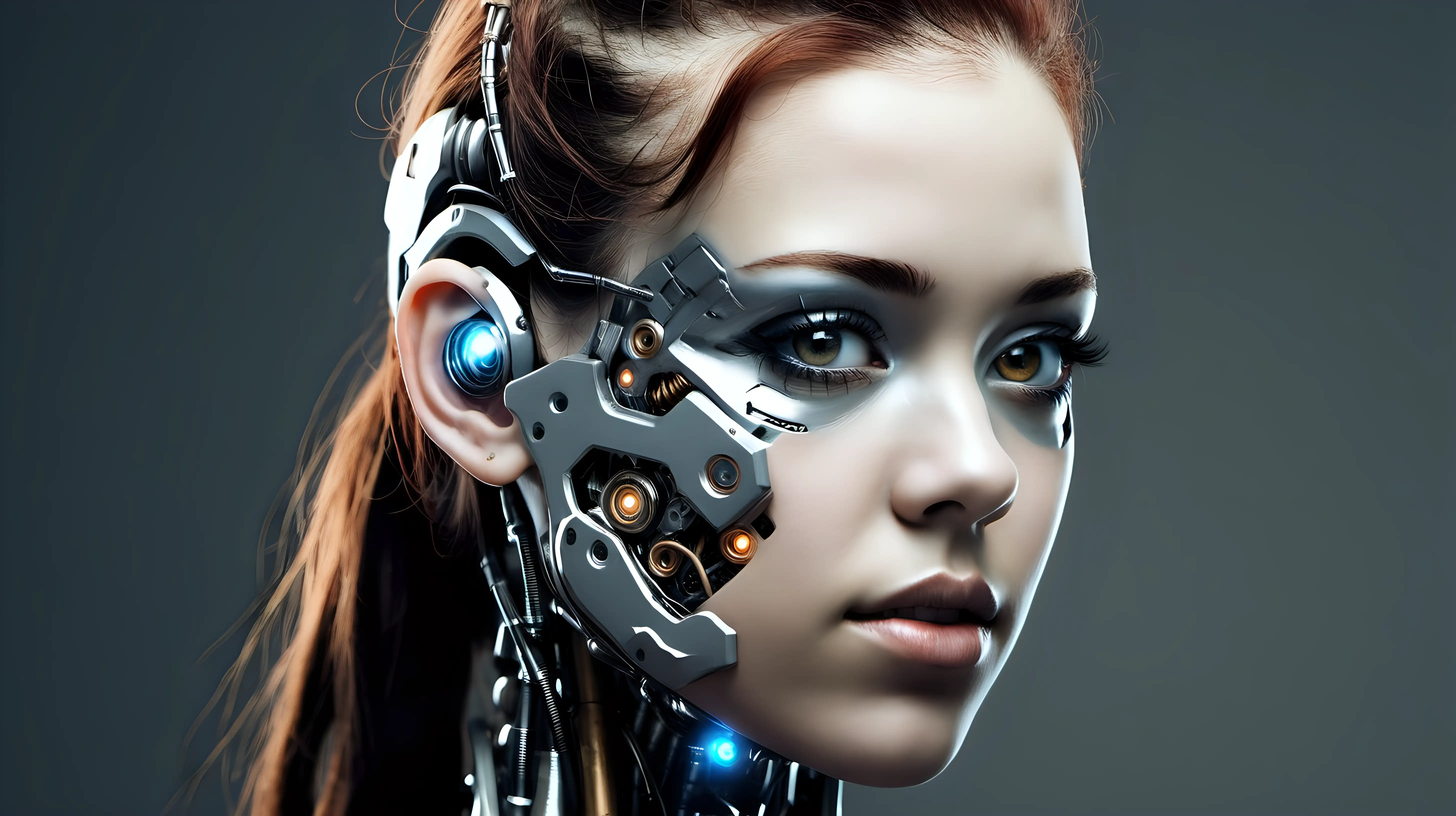 Cyborg woman, 18 years old. She has a cyborg face, but she is extremely beautiful.