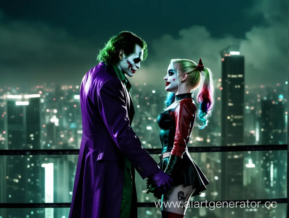 Menacing-Joker-Dominating-Over-Submissive-Harley-Quinn-on-Tallest-Skyscraper-Roof