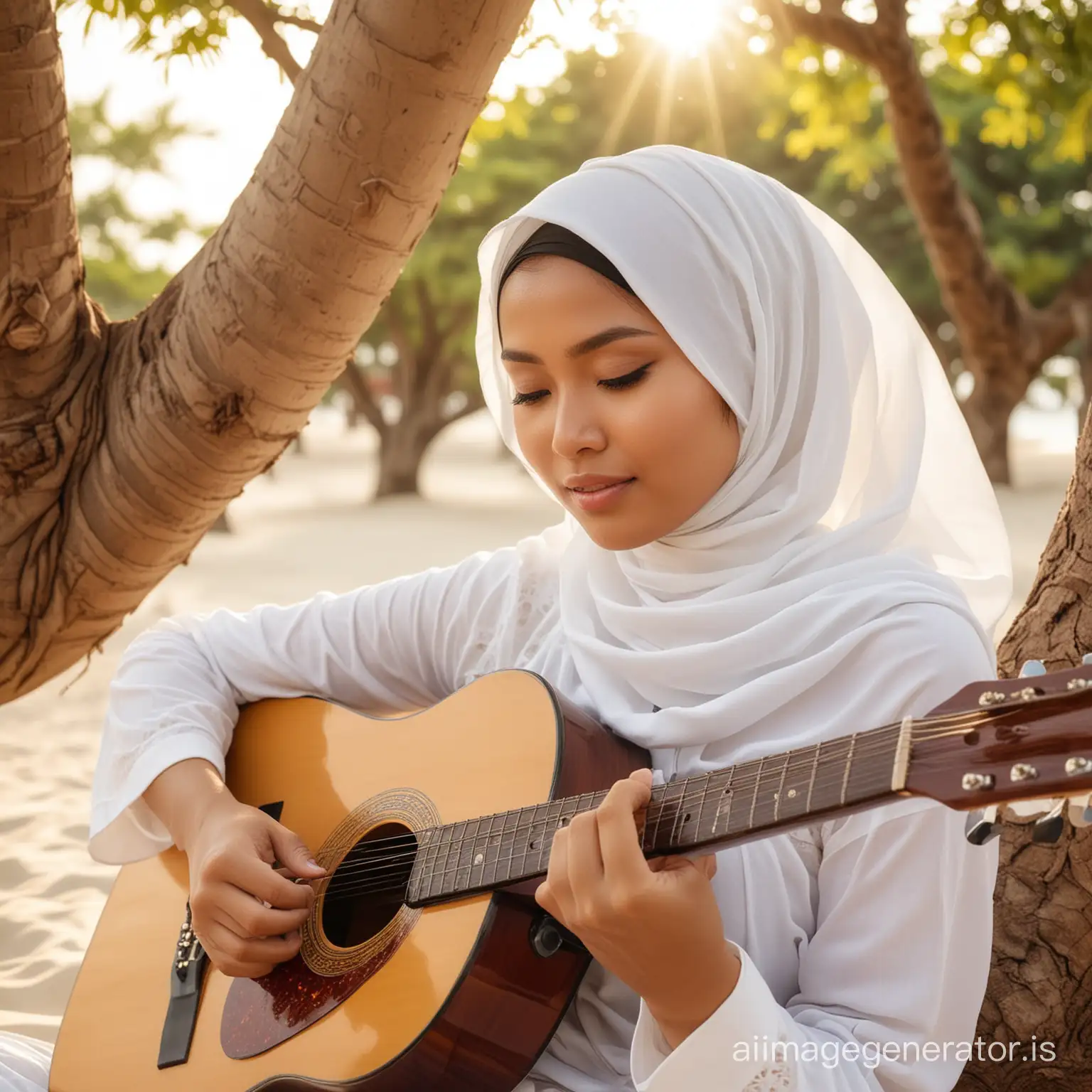 create a close up shooting style, photo of a beautiful Indonesian woman wearing a white hijab sitting under a tree and relaxing playing the guitar, beautiful sea and beach sand background, warm morning sunlight under the tree light shadow play lighting sun, dynamic movement , bright sea background, detail, close up of front view.
