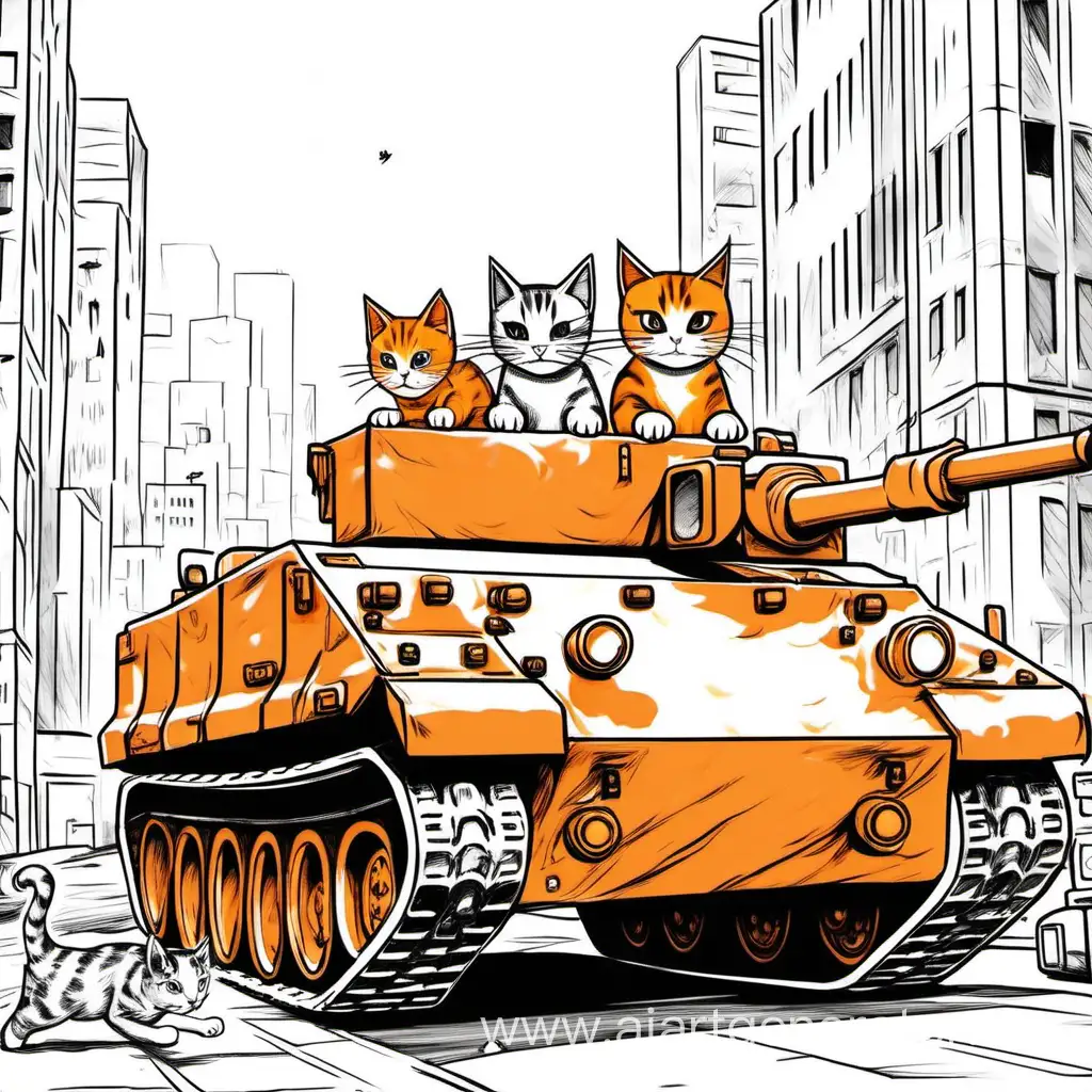 Нарисуй картинку где мама кошка оранжевая и котенок белый на военной машине уезжают из города. Они сидят в страхе