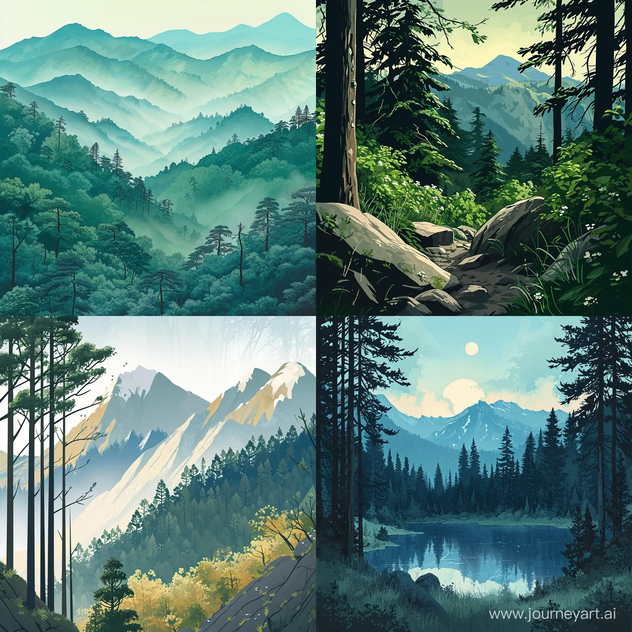 mountain forest illustration by Akira Teresawa