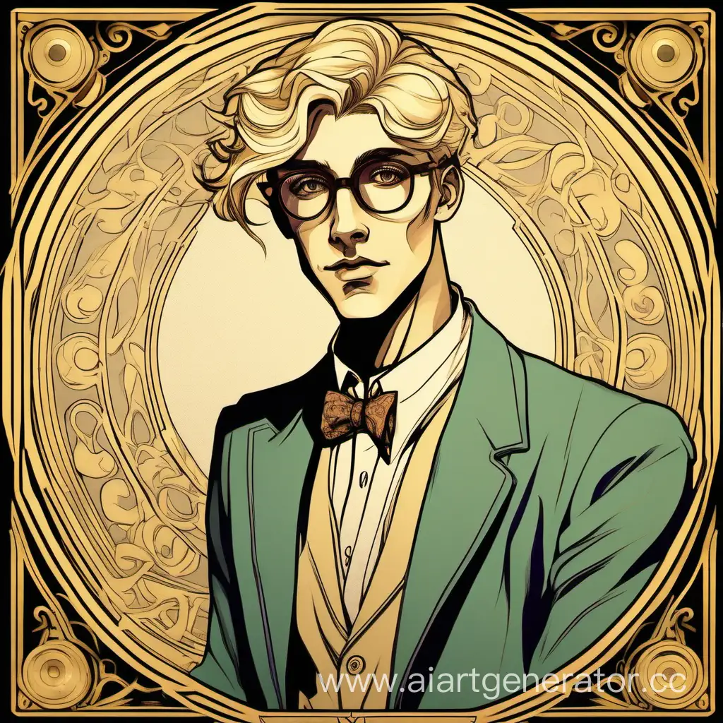 Handsome, tall, spectacled young blonde man radio show host in the style of Alfonse Mucha androgynous