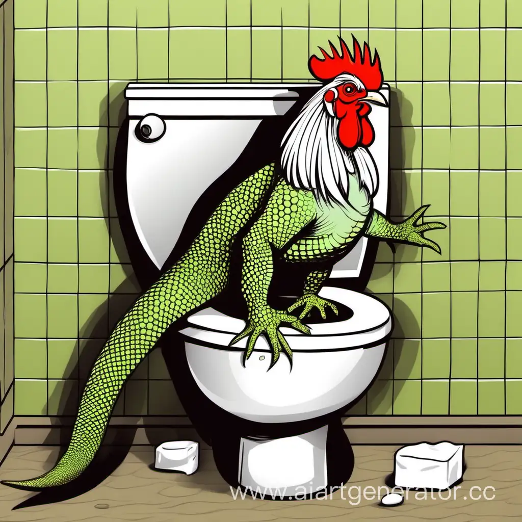 Playful-Encounter-Lizard-and-Rooster-in-a-Surprising-Toilet-Scene