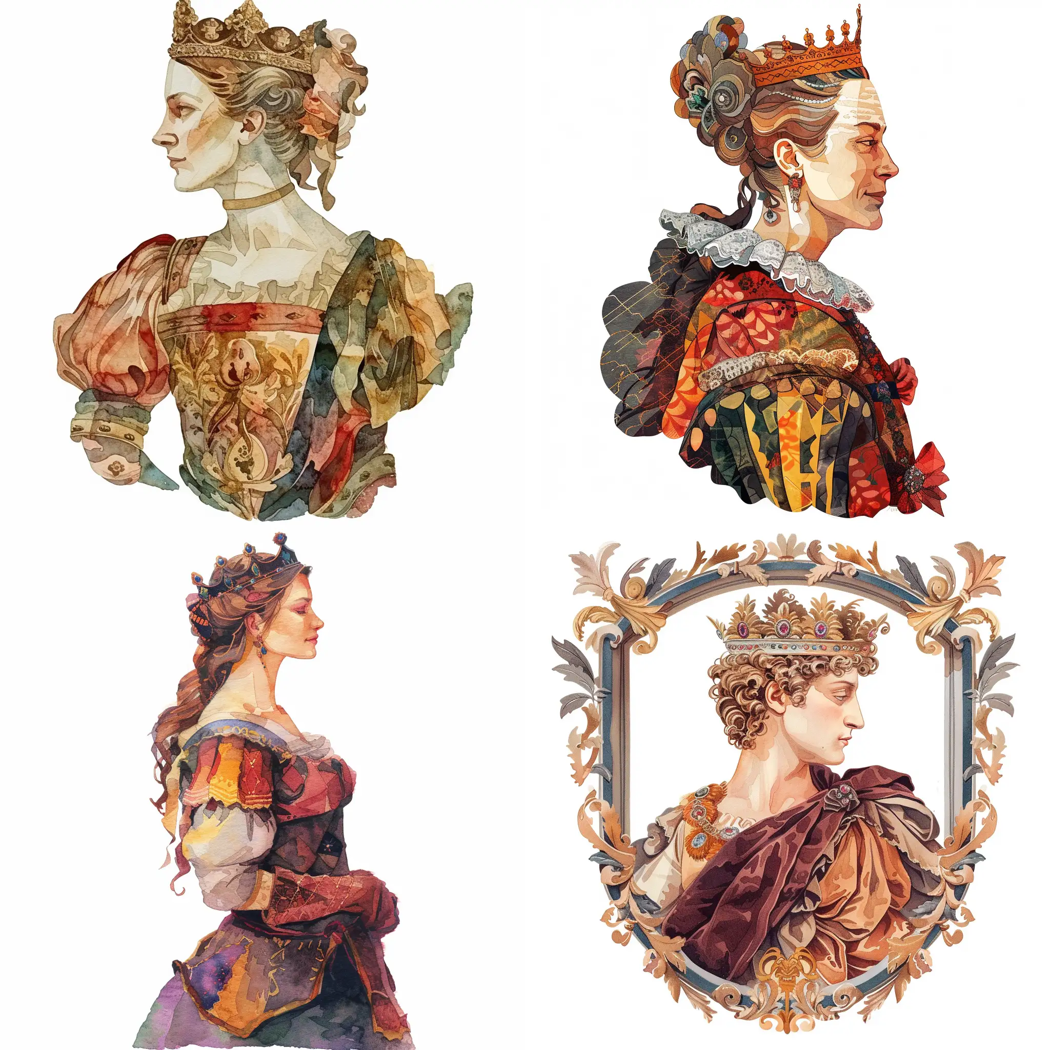 ornamental waist portrait of the ancient Queen of France, with a crown on his head, in profile, very rich clothes, on a white background, watercolor style, detailed, decorative, flat illustration, Victor Ngai style