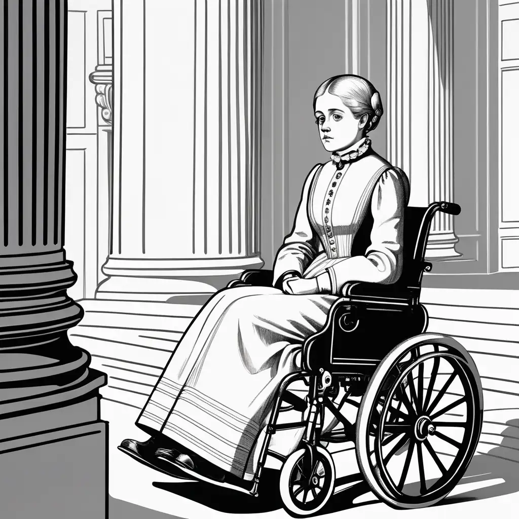 young sick invalid autistic 19 century german baroness, a pale sickly oval face  wide mouth thin lips stright small nose round chin round cheeks, blond hair in 19 century hairstyle, sits in wheelchair, manor building with columns and stairs, black and white custom line art easy sketch minimalistic details