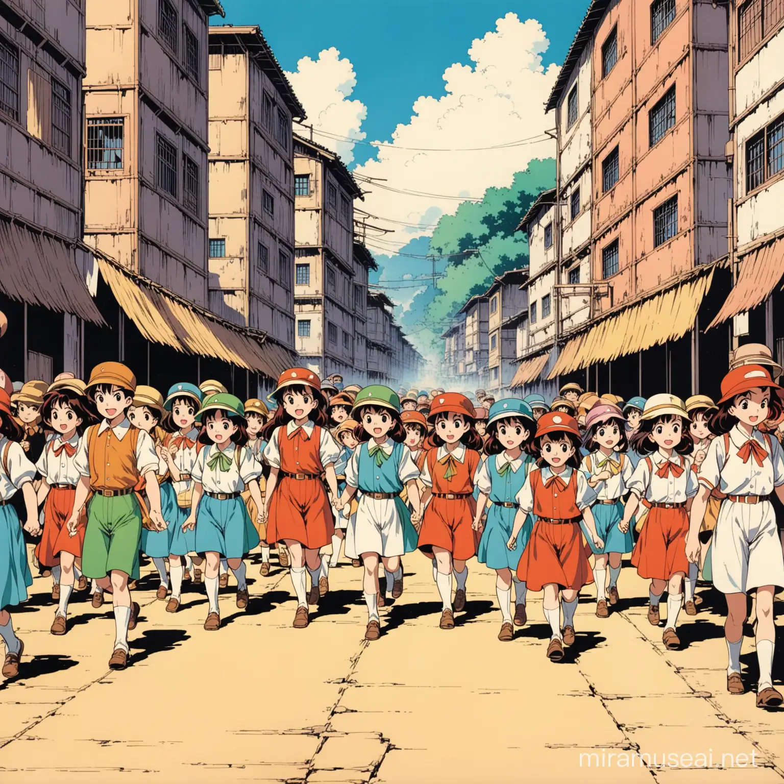A camp guide leading a group of children through a city. vintage anime.