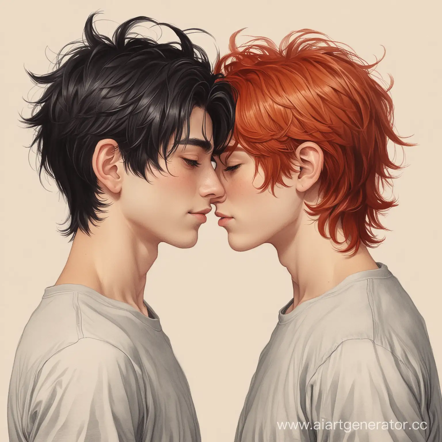 Нарисуй влюблённых парней у одного длинные красные волосы, у второго чёрные волосы каре