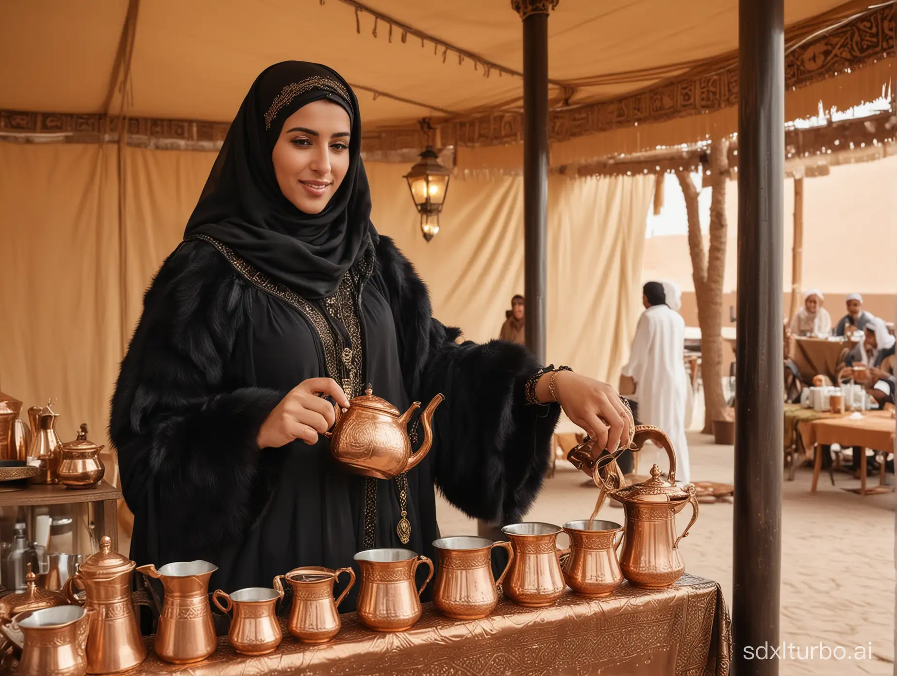 The concept of generosity, hospitality and reception, a close-up of a Saudi Gulf Arab woman wearing a fur abaya and burqa, pouring coffee using a copper pot into decorated cups inside a popular heritage tent, a local product and national agricultural crops, kashta and a bar session, authentic Saudi customs and traditions in serving Arabic coffee.