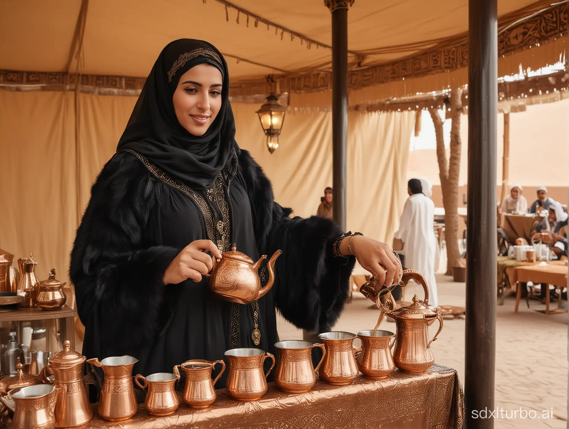 The concept of generosity, hospitality and reception, a close-up of a Saudi Gulf Arab woman wearing a fur abaya and burqa, pouring coffee using a copper pot into decorated cups inside a popular heritage tent, a local product and national agricultural crops, kashta and a bar session, authentic Saudi customs and traditions in serving Arabic coffee.
