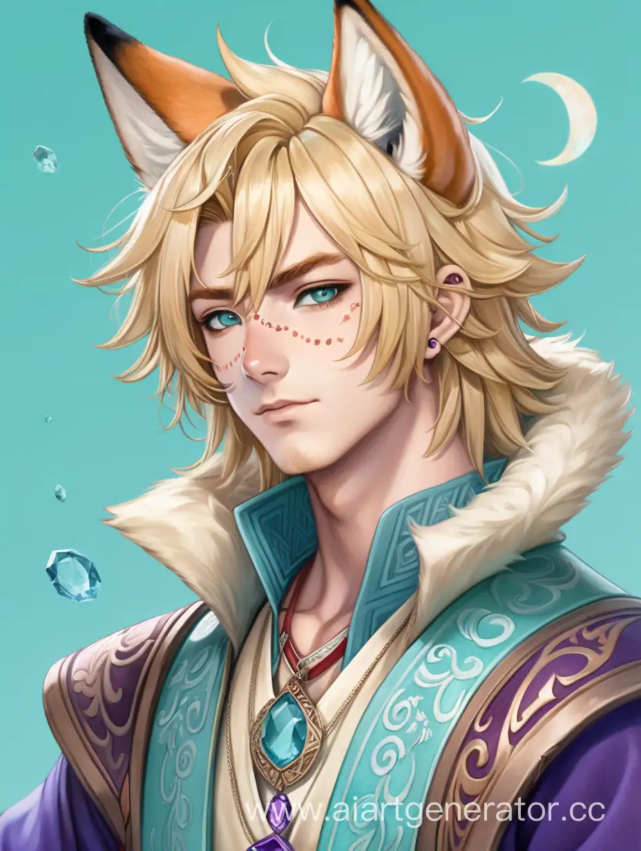 A guy with medium-length blond hair turning into aquamarine, an Asian-style bard costume, a scar on his neck, mint-colored eyes, a purple crescent-shaped pendant with a red stone in the center, small brown fox-like ears with cream patterns on the ends,freckles on his face and small painted lines near the eyes, good-natured children's look, full-length image, anime