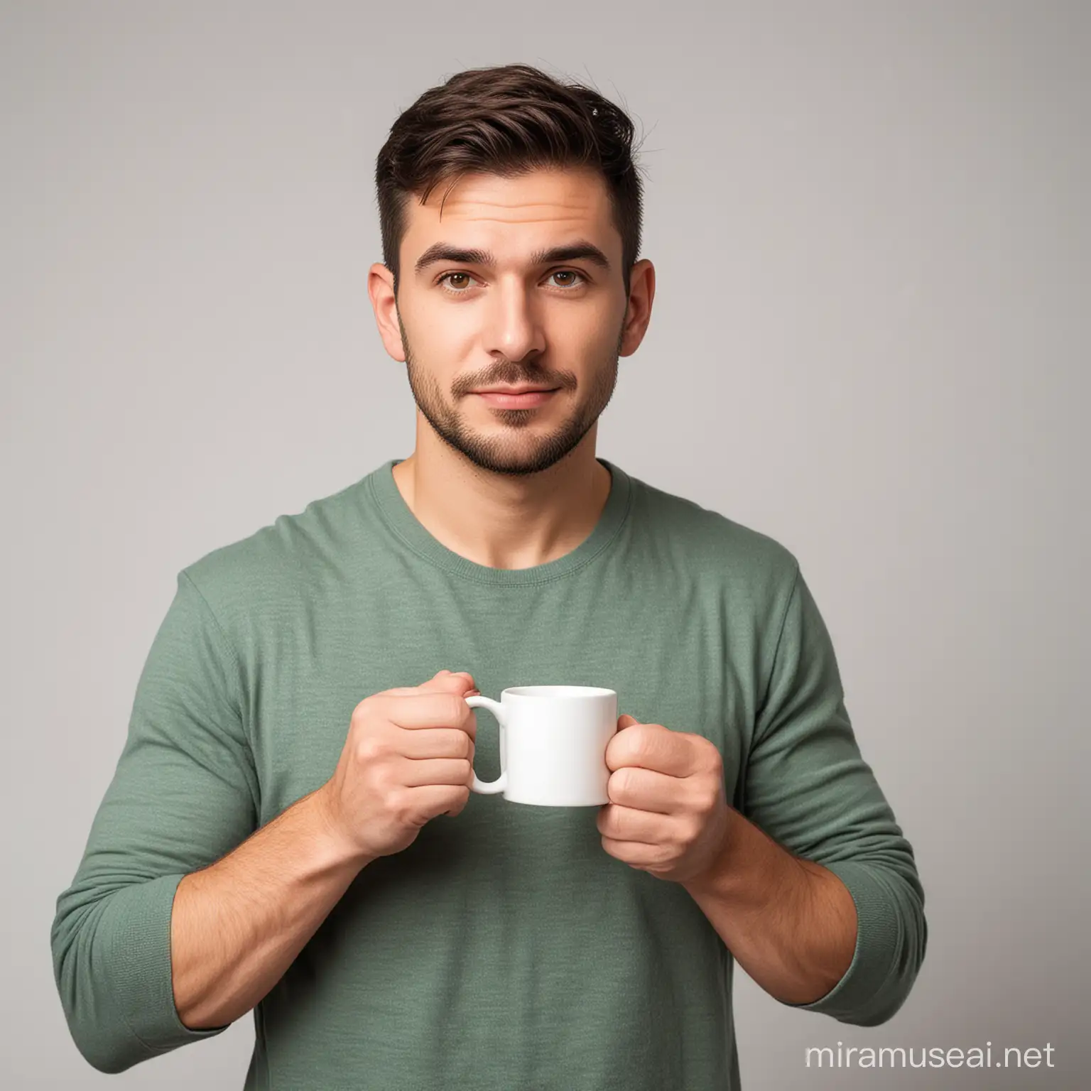 Man Enjoying Hot Beverage in Mug on Clean White Background