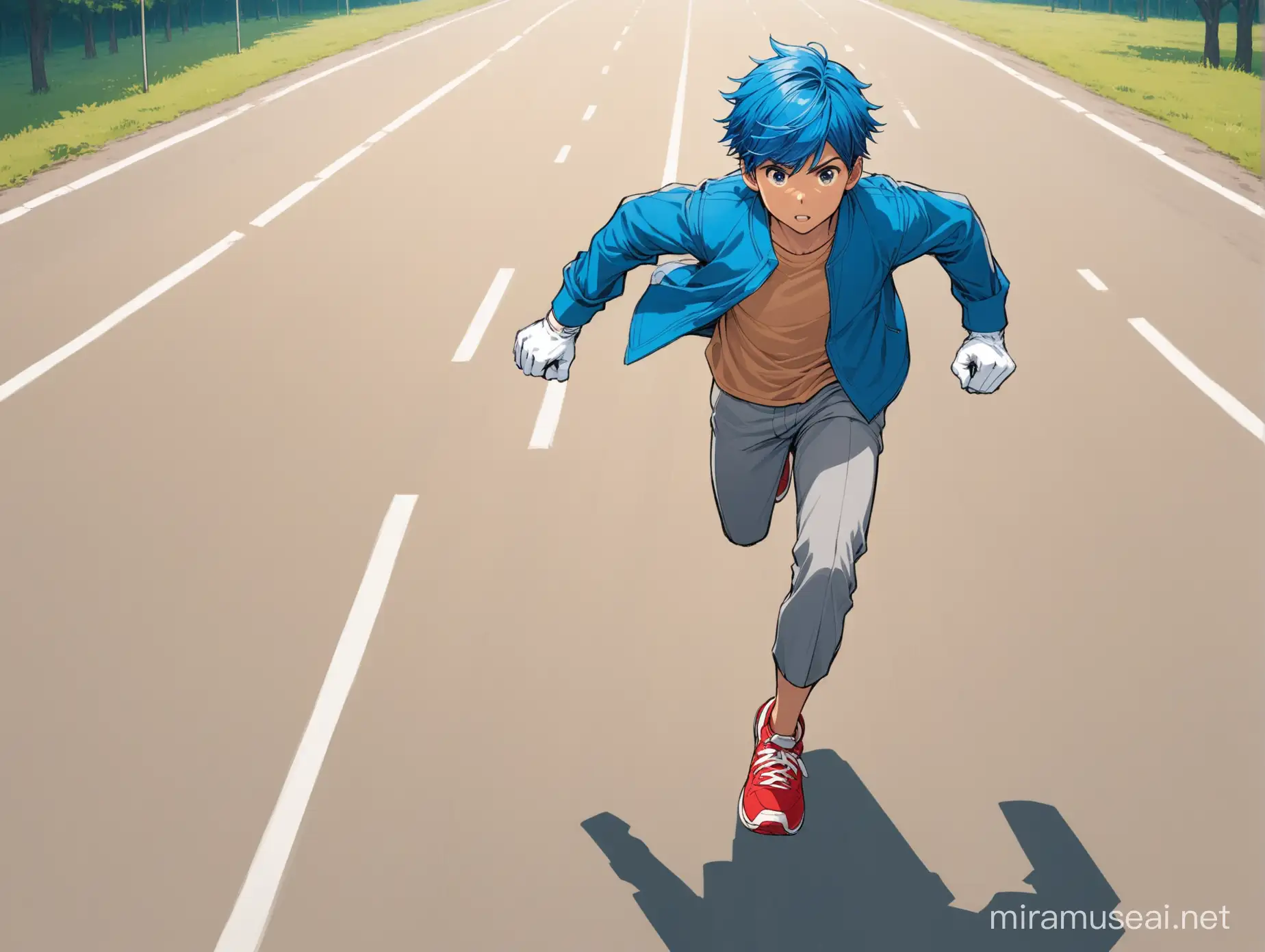 boy with blue fringe hair, blue jacket, tan shirt, white gloves, dark grey pants, red sneakers, running on a road
