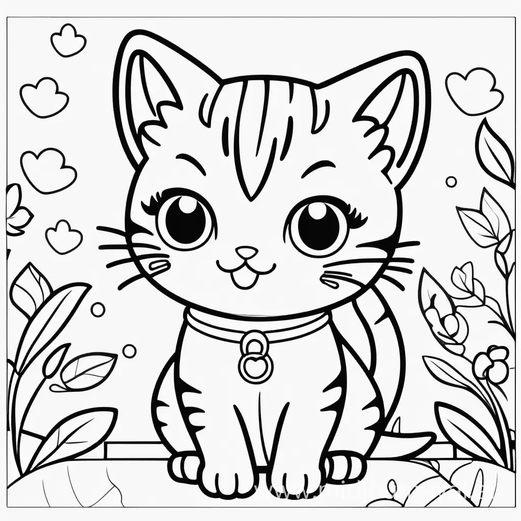 Coloring page for kids kawaii cat cartoon style thick lines 