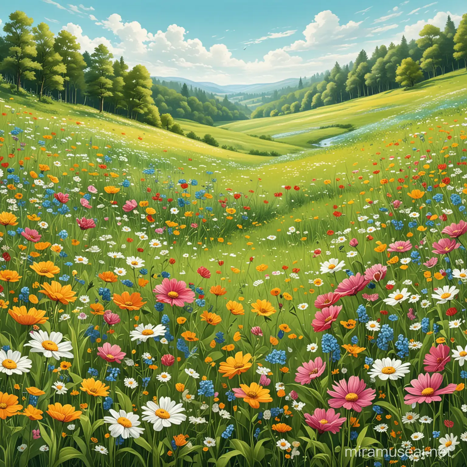 Vibrant Spring Blossoms in a Serene Meadow