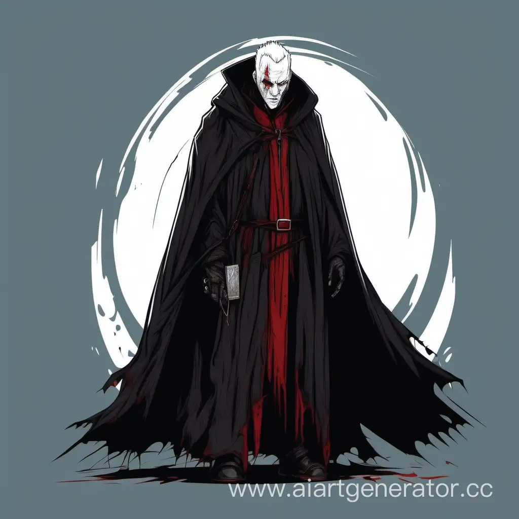 a character in a black cloak with a white head, white face, red eyes, tattered cloak. 2D vector graphics, good quality